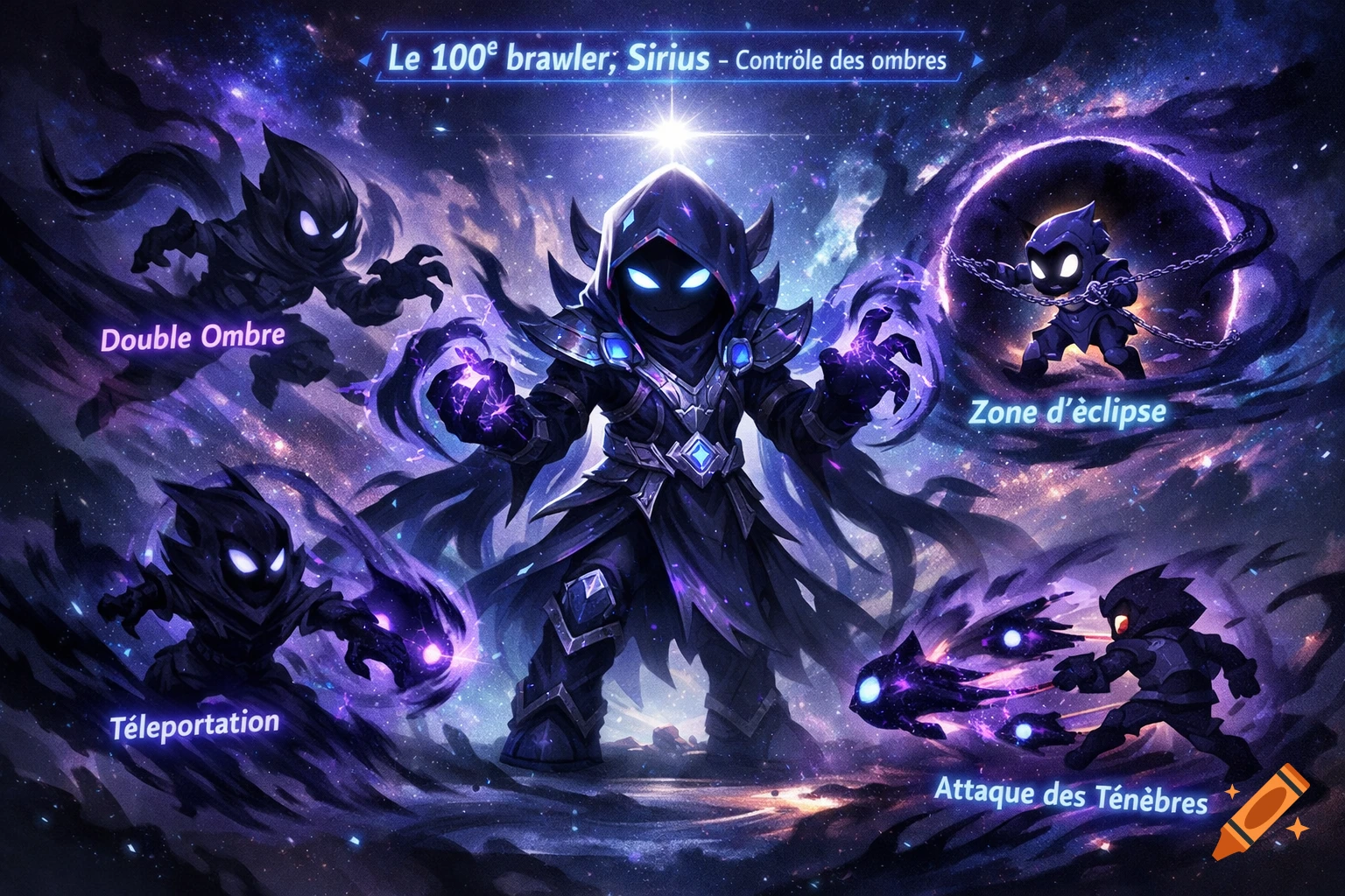 A dark cloaked figure with glowing blue eyes and armor, surrounded by smaller shadow figures and purple magical effects, set against a cosmic, starry background. Text in French describes its abilities.