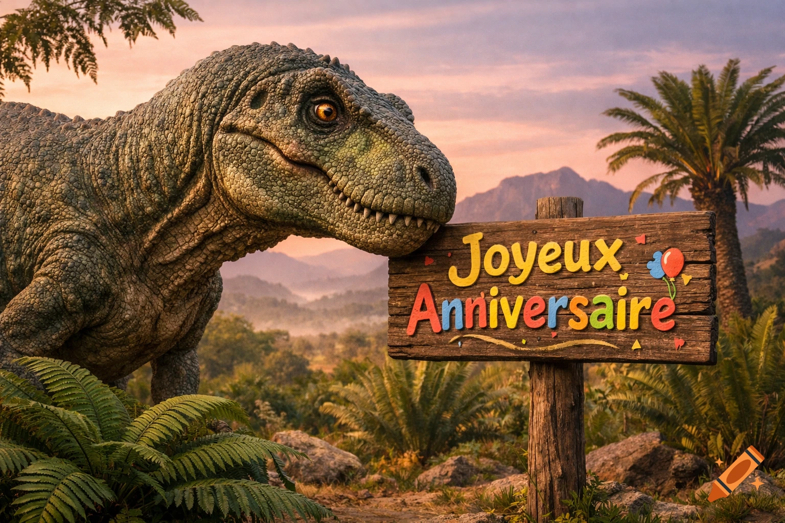 A realistic dinosaur peers over a wooden sign reading 'Joyeux Anniversaire' in a prehistoric jungle setting at sunset.