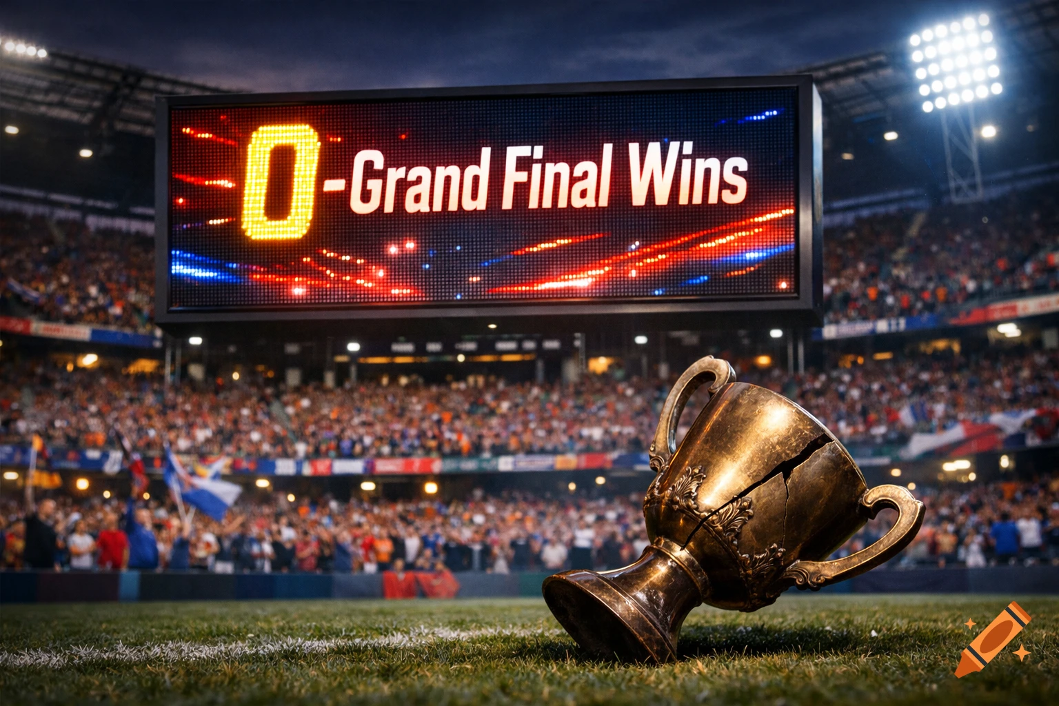A cracked gold trophy lies on the grass field of a crowded sports stadium, with a scoreboard displaying '0-Grand Final Wins'.