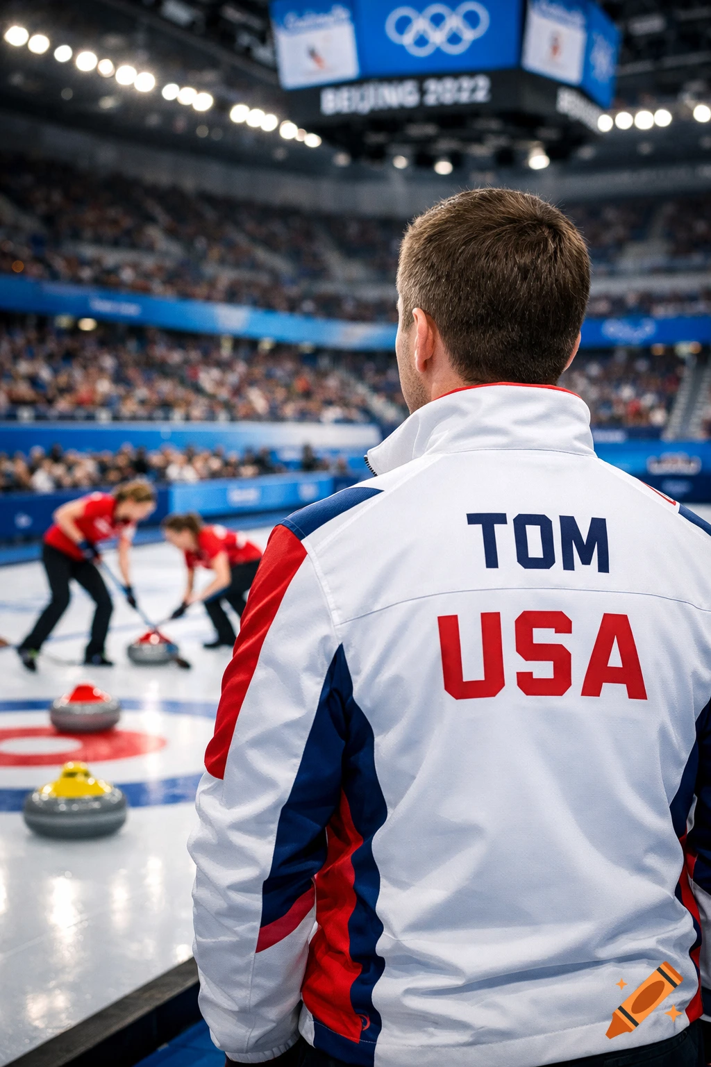A man in a Team USA uniform with "TOM" and "USA" on the back watches a curling match at the Beijing 2022 Olympics.