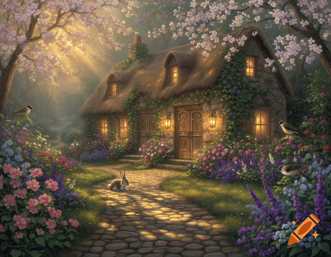 A picturesque cottage with a thatched roof, vibrant flowers, and glowing lanterns under sun rays. A rabbit sits on a cobblestone path.