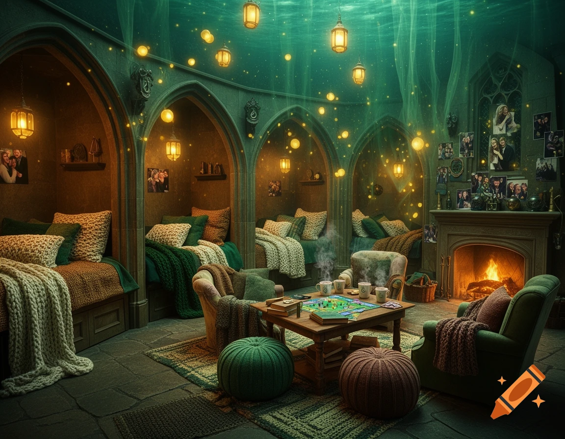 A cozy, magical dormitory with green light filtering from above, alcove beds, glowing lanterns, a fireplace, and a board game on a table.