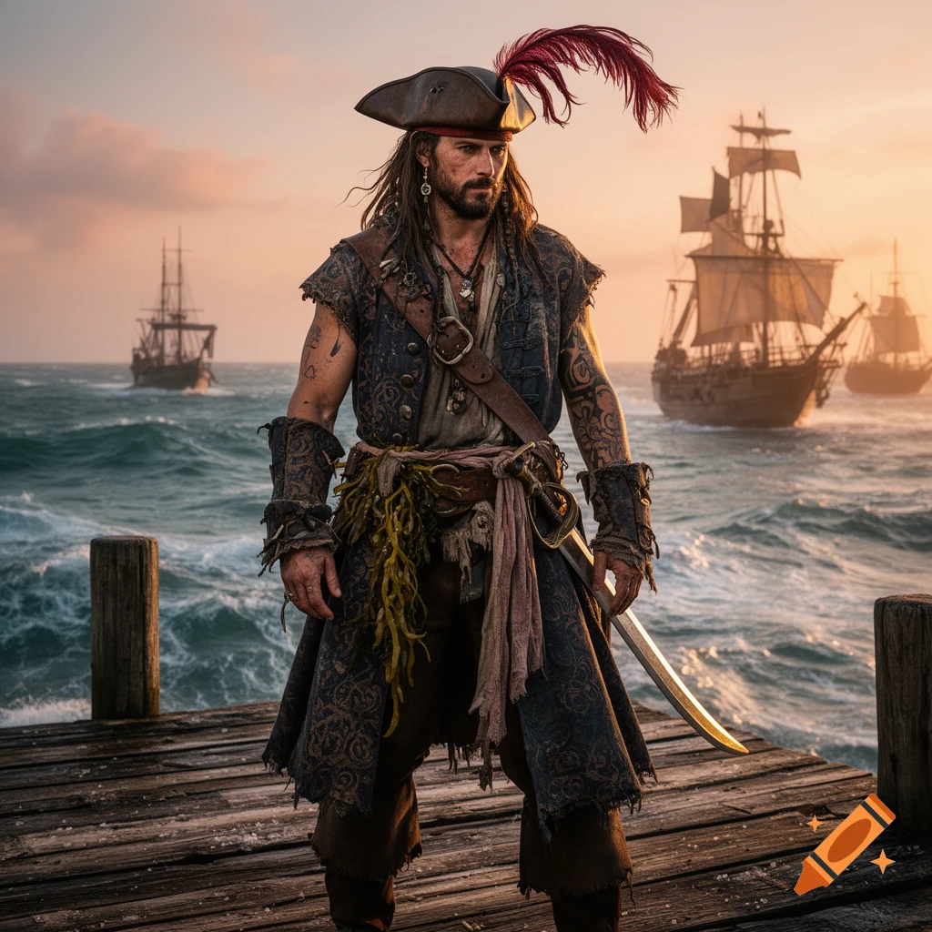 Photorealistic image of a male pirate standing on a wooden dock with ships in a choppy ocean at sunset.