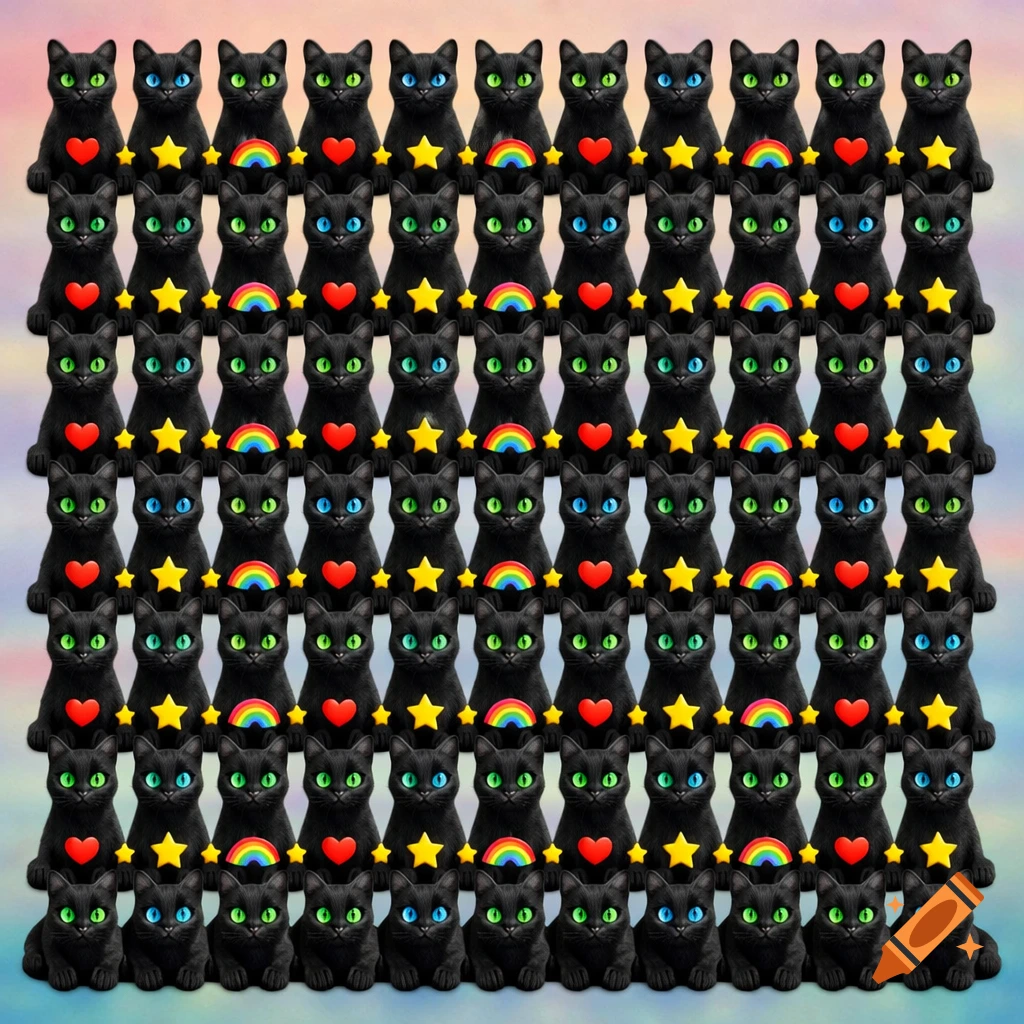 A large grid of identical black cats with alternating green and blue eyes, each having a red heart, yellow star, or rainbow below it.
