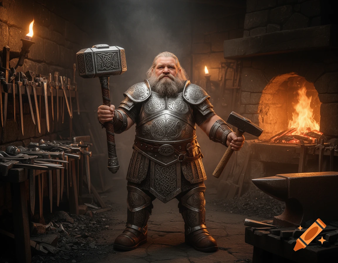 A photorealistic armored dwarf stands in a forge, holding a warhammer and a smithing hammer.