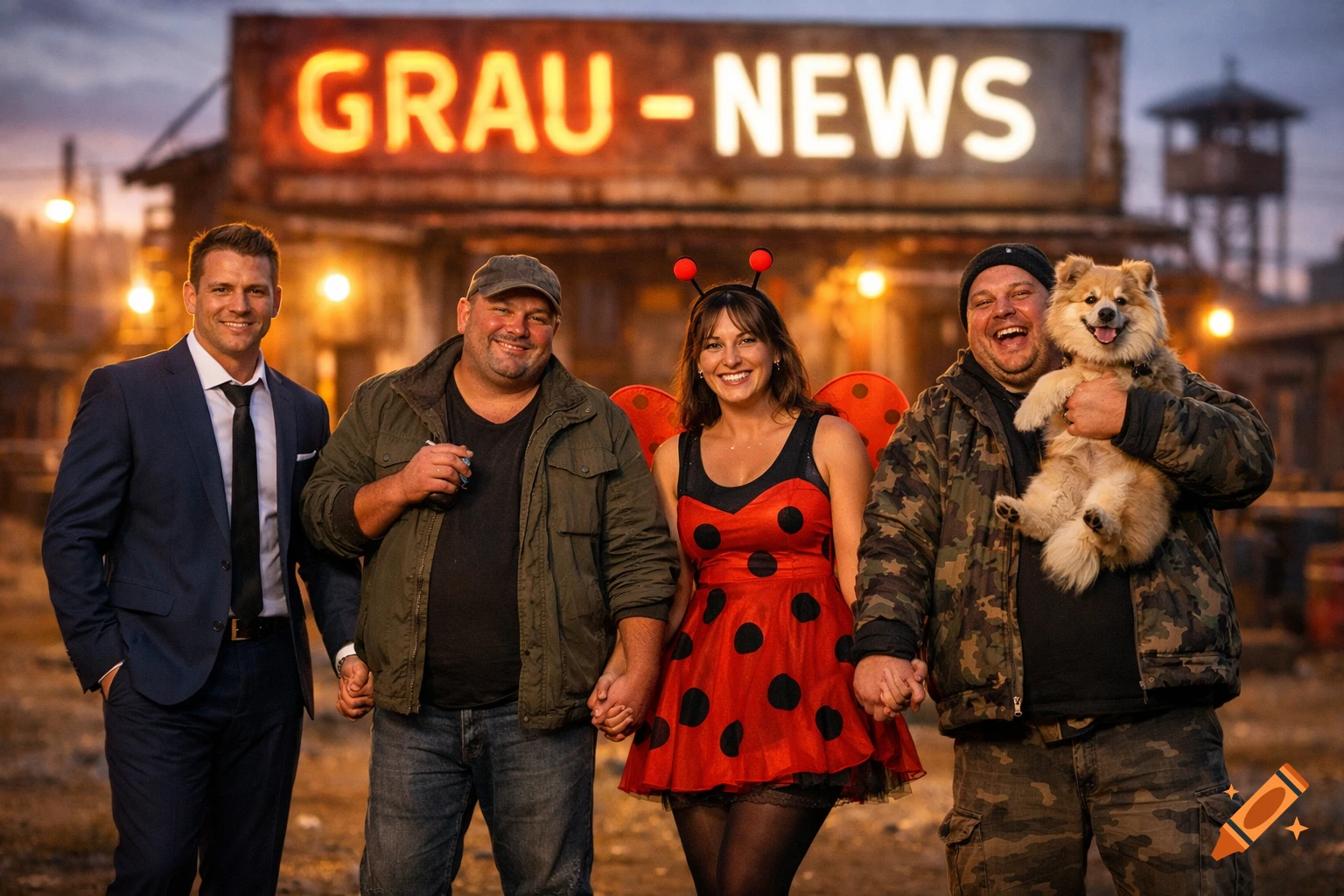 Four friends, one in a suit, one in a ladybug costume, and one holding a dog, stand hand-in-hand in front of a glowing 'GRAU - NEWS' sign.