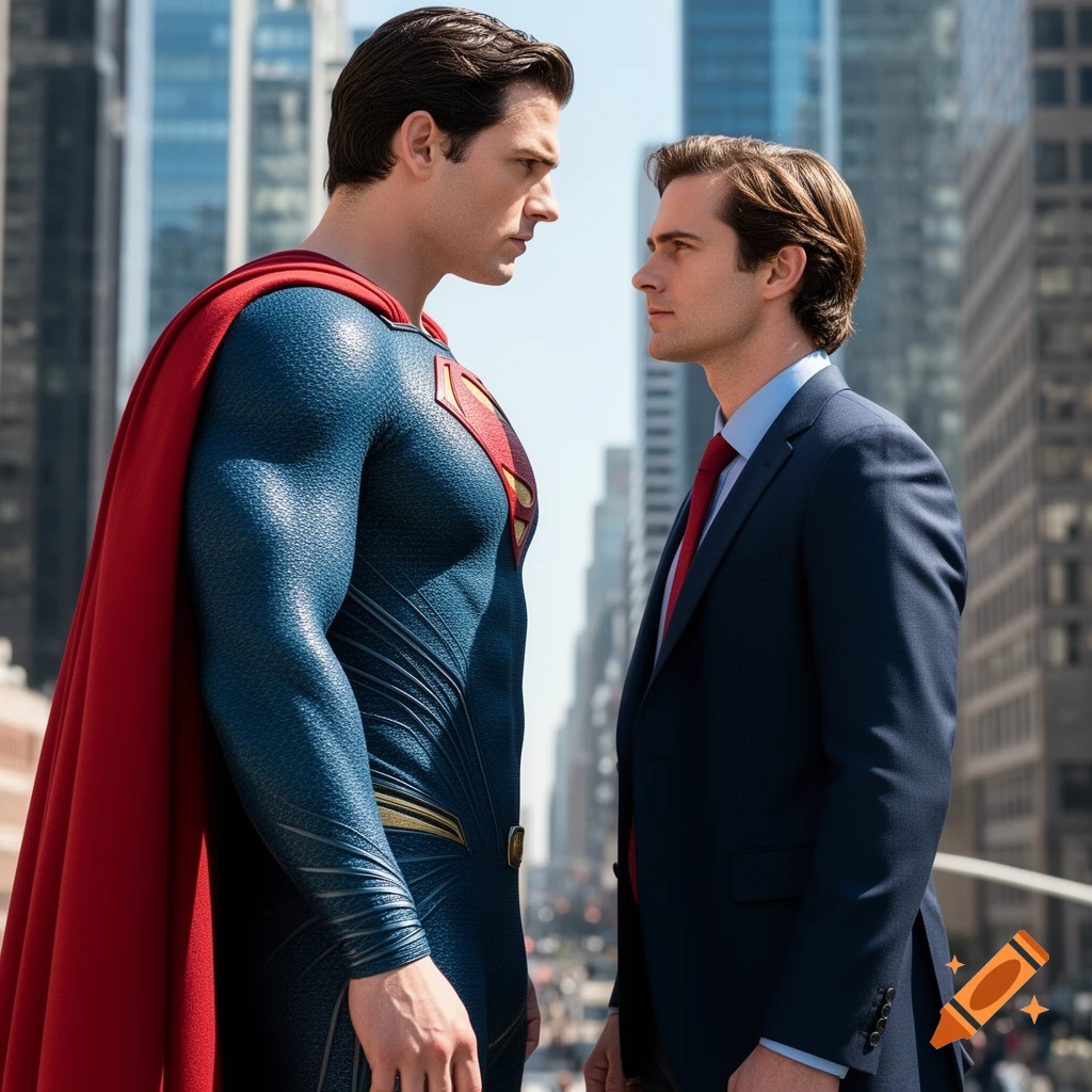 Photorealistic image of Superman and Clark Kent (both resembling Henry Cavill) standing face-to-face against a city background.