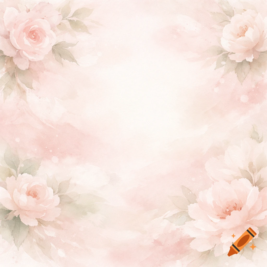 Soft watercolor background with delicate pink floral clusters and leaves in the corners.