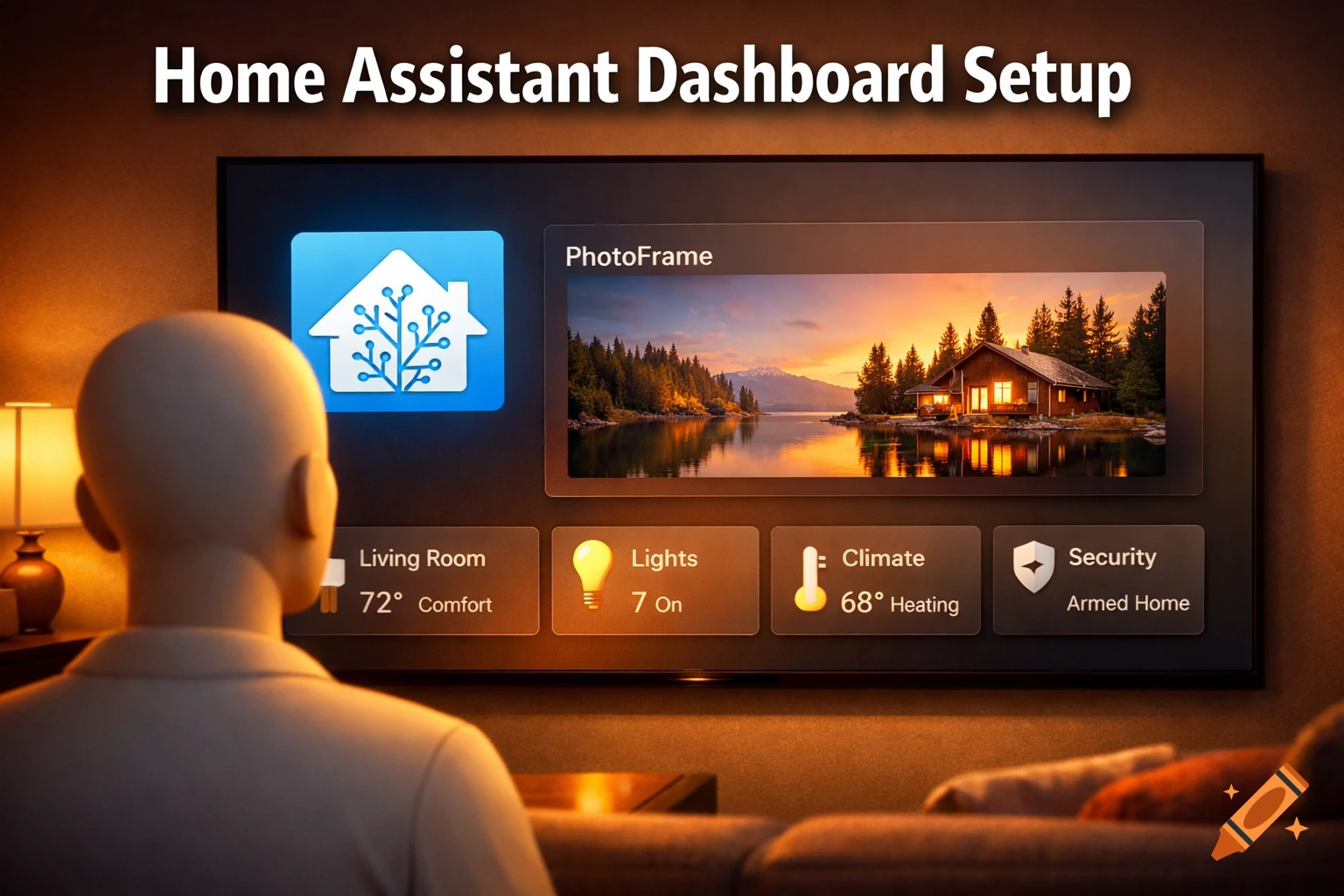 3D render of a person viewing a Home Assistant smart home dashboard on a TV in a cozy living room with amber lighting.