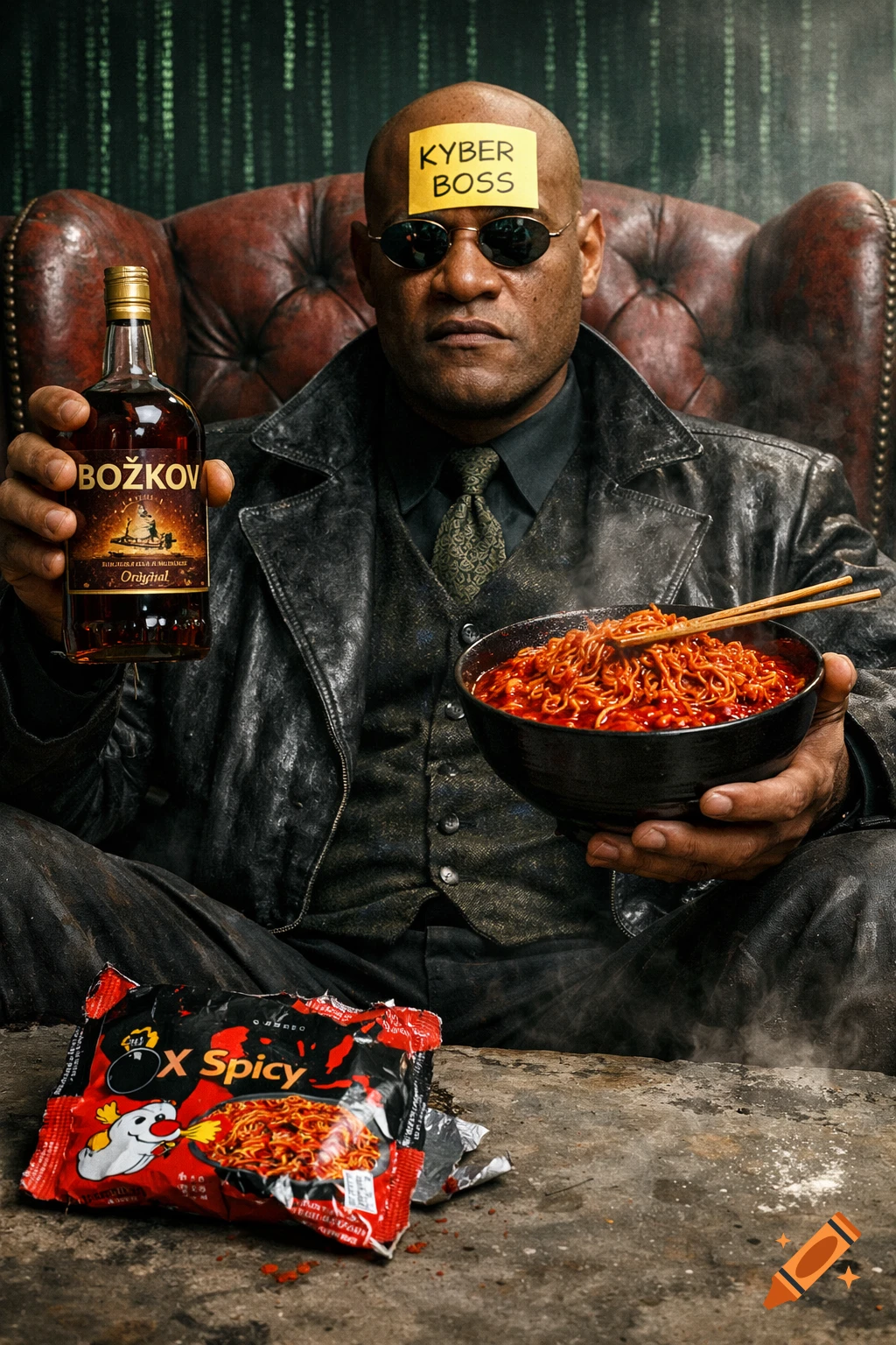 Morpheus sits in a leather chair, holding a "BOŽKOV" rum bottle and a bowl of red noodles with chopsticks, wearing sunglasses and a "KYBER BOSS" sticky note on his head, against a Matrix code background. Empty spicy noodle packaging is on the floor.
