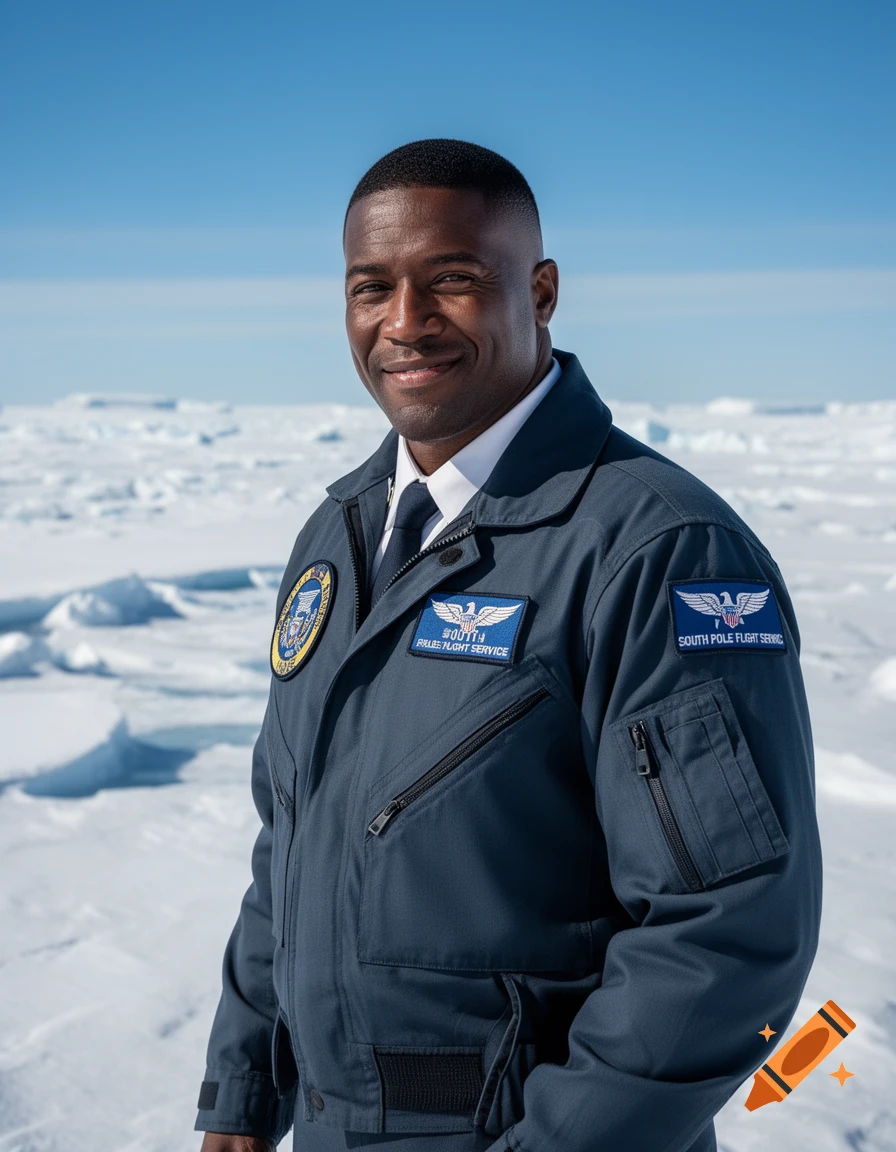 A smiling African American man in a dark blue uniform stands in a snowy Antarctic landscape under a clear blue sky.