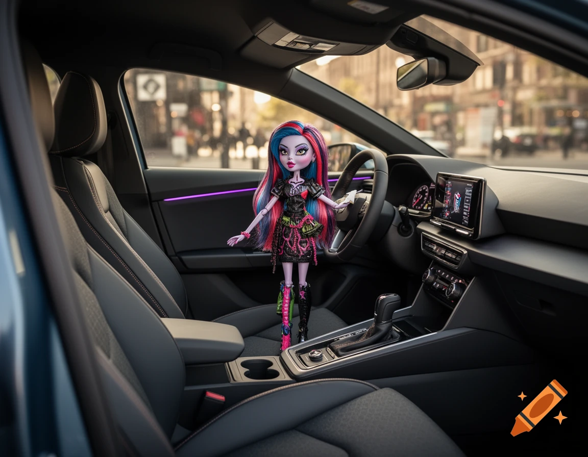 A photorealistic image of a Monster High doll with long colorful hair standing in the driver's seat of a modern car.