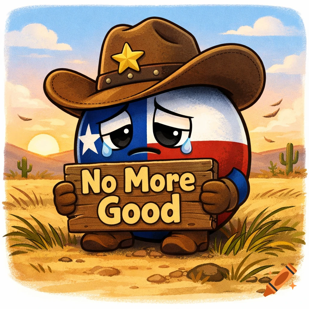 A sad cartoon Texas Countryball wearing a cowboy hat holds a sign saying 'No More Good' in a desert sunset.