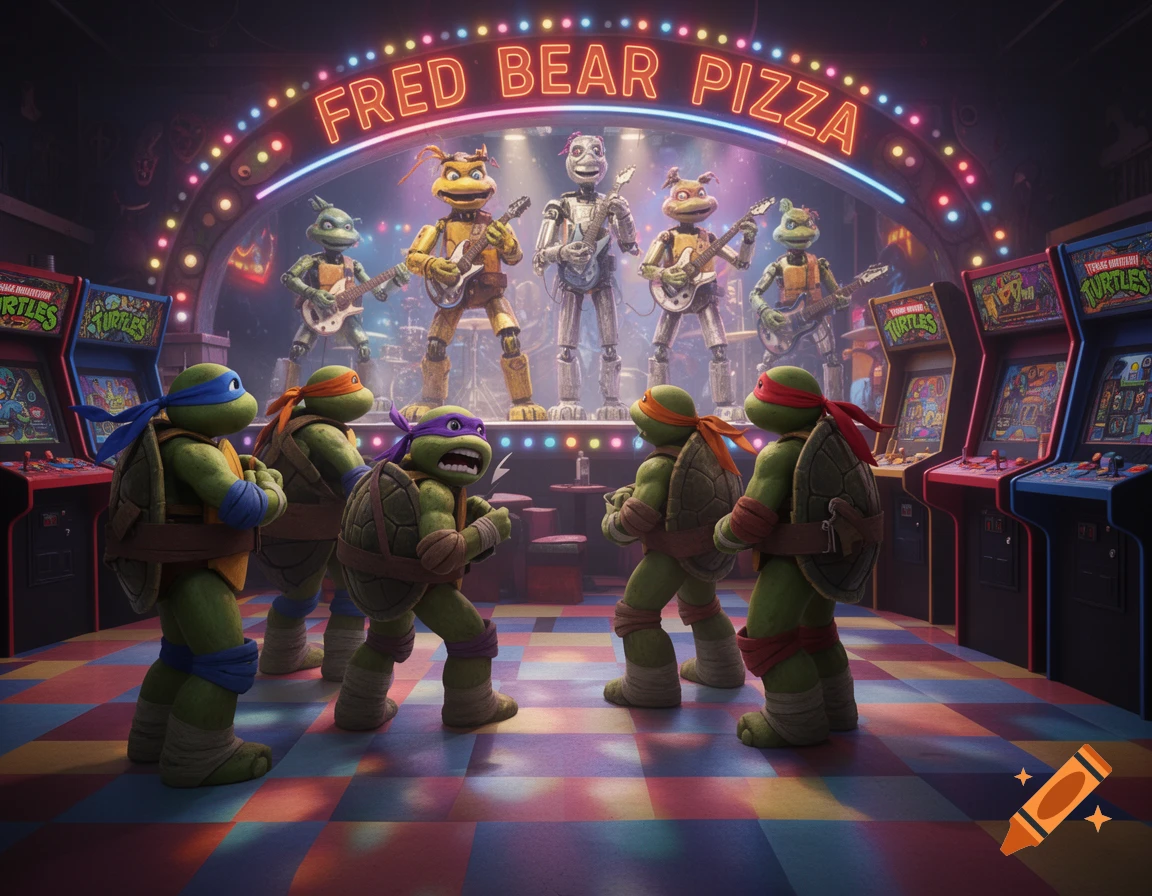 The Teenage Mutant Ninja Turtles stand in an arcade, observing a stage where animatronic characters perform under a neon 'FRED BEAR PIZZA' sign.