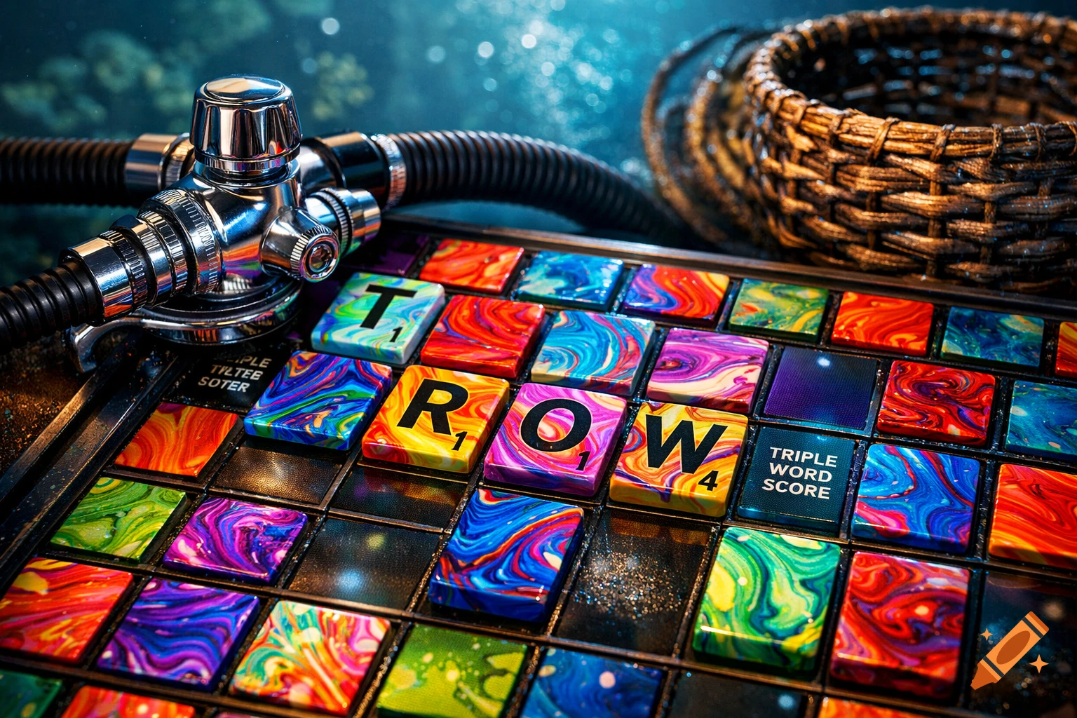 A psychedelic Scrabble board spelling 'TROW' with colorful, swirling tiles, featuring a scuba diving regulator and a woven basket in a blurred underwater background.