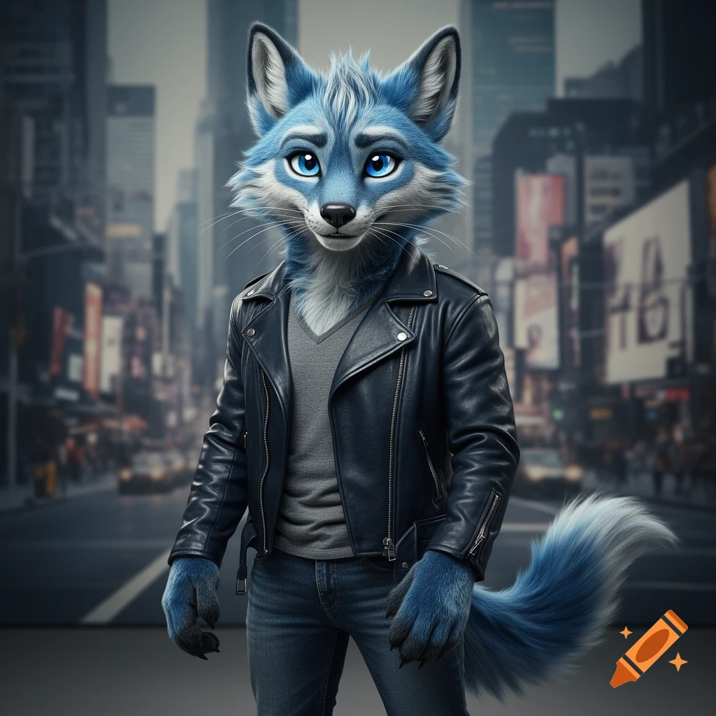 A blue and white anthropomorphic fox in a leather jacket, gray t-shirt, and jeans stands on a city street.
