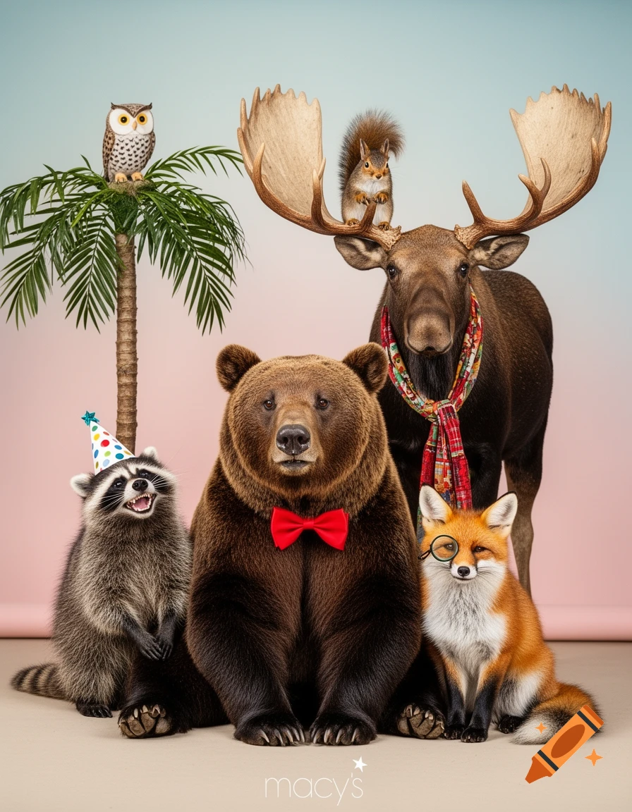 A raccoon, brown bear, fox, moose, owl, and squirrel in an awkward family portrait at Macy's.