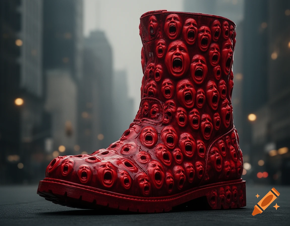 A large, red boot covered in screaming human faces stands on an urban street with blurred city buildings in the background.
