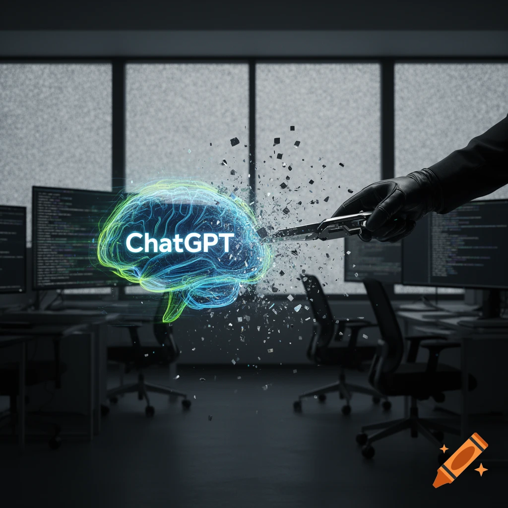 A gloved hand uses a knife to shatter a glowing brain labeled 'ChatGPT' in a dark office setting, depicting AI destruction.