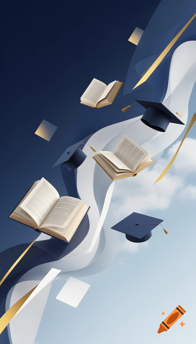 Floating open books, blue graduation caps, and golden geometric shapes on a blue gradient sky background, conceptual.