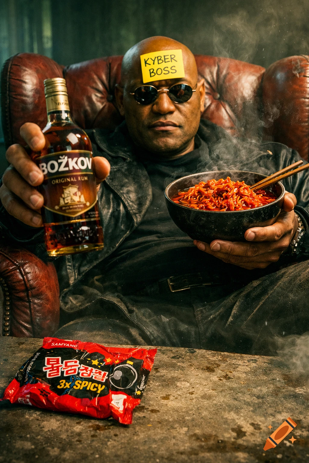 A man resembling Morpheus sits in a leather armchair, holding a BOŽKOV rum bottle and a steaming bowl of red noodles with chopsticks. A yellow sticky note saying 'KYBER BOSS' is on his forehead.