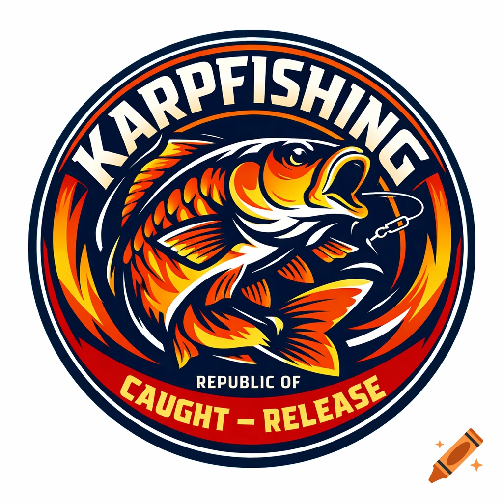 Round logo for 'Karpfishing' with an orange, yellow, and red carp, surrounded by dark blue and red, with text 'Karpfishing', 'Republic of', 'Caught - Release'.