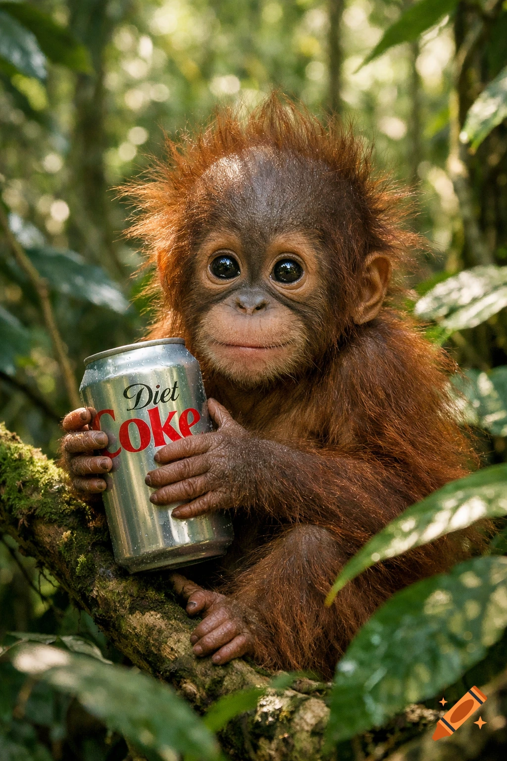 A cute baby orangutan with shaggy reddish-brown fur sits on a mossy branch, holding a silver Diet Coke can in a lush jungle.