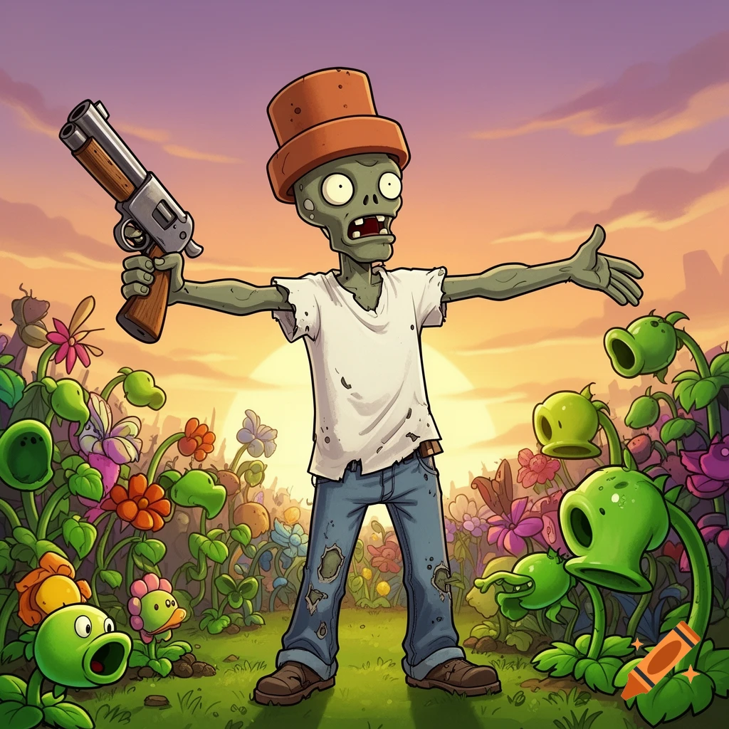 Cartoon zombie wearing a pot, holding a shotgun, T-posing among vibrant plants and flowers at sunset, in a style similar to Plants vs. Zombies.
