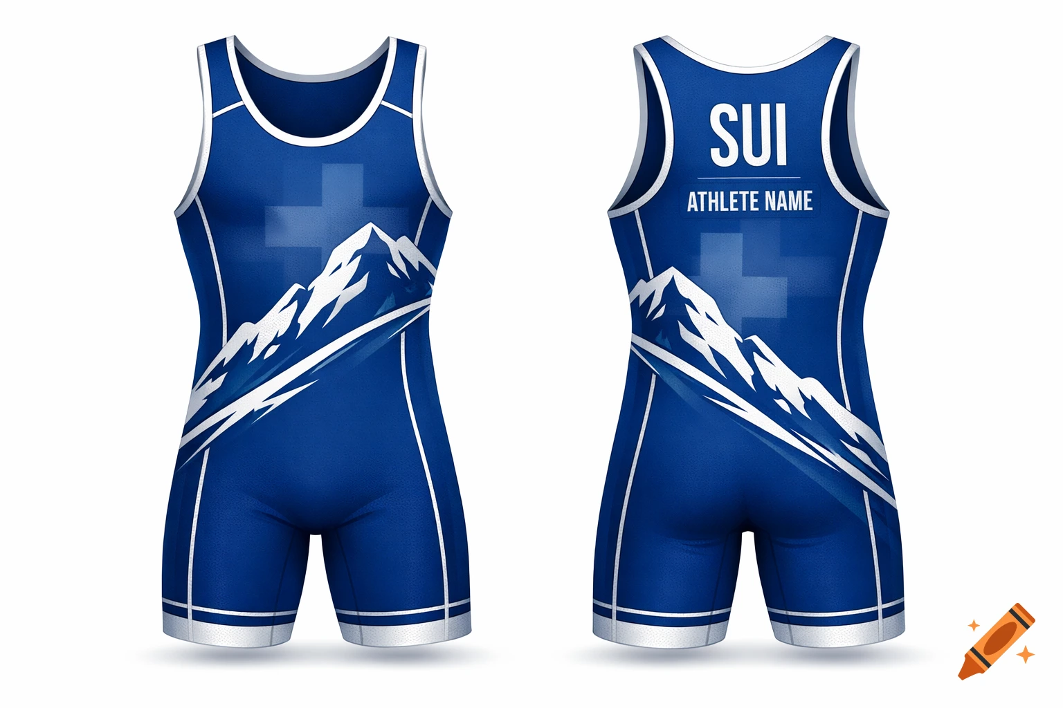 Front and back view of a blue wrestling singlet with a white mountain design and subtle Swiss cross. The back has 'SUI' and 'ATHLETE NAME'.