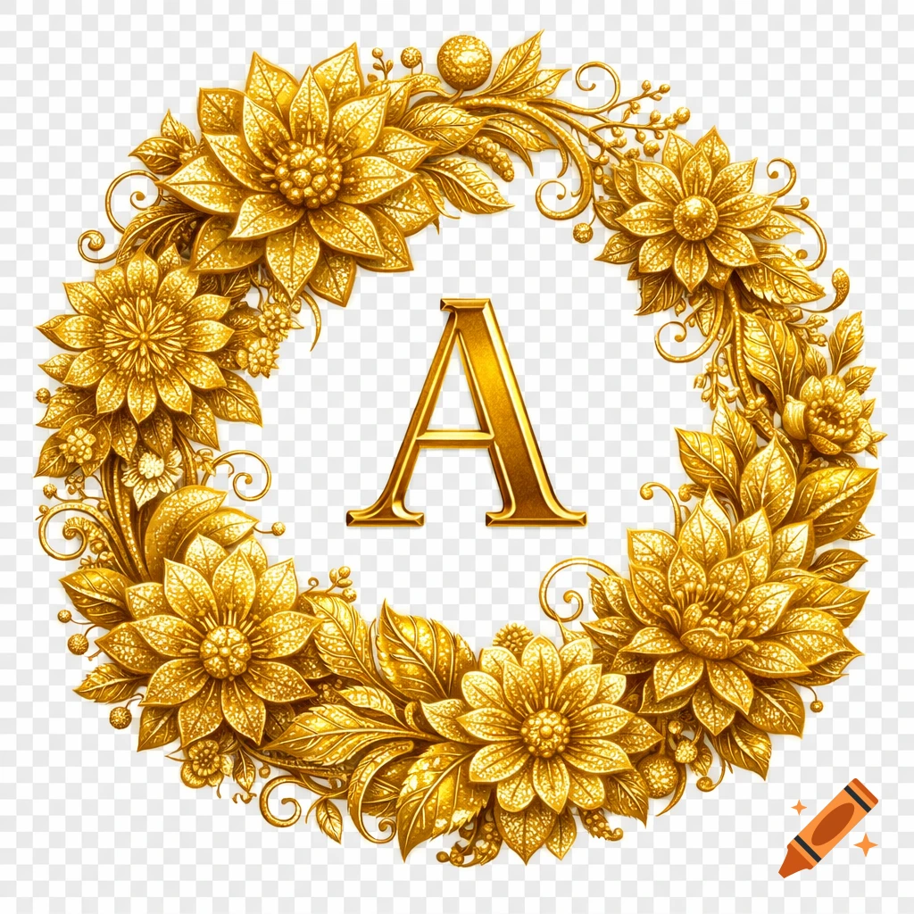 A golden floral wreath encircles a detailed, shiny gold letter A on a transparent background.