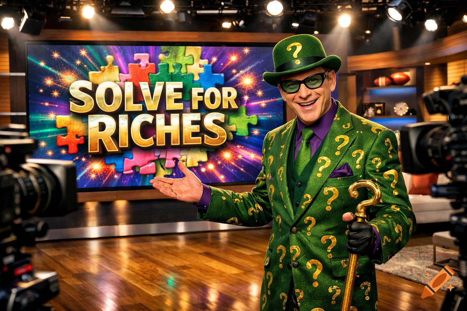 The Riddler in a green suit with question marks, holding a question mark cane, on a game show set with "SOLVE FOR RICHES" on a large screen.
