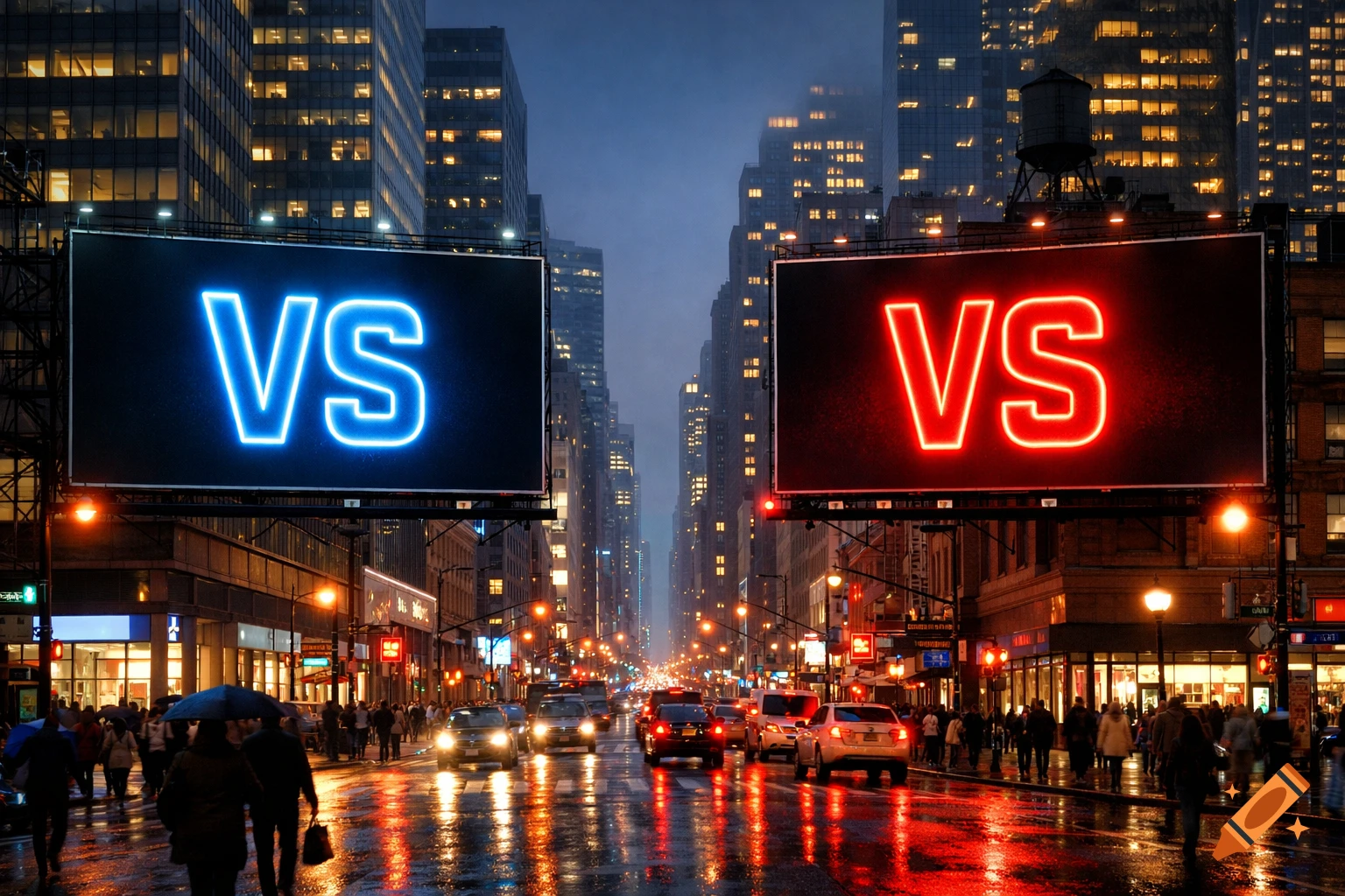 Two neon 'VS' billboards, one blue and one red, illuminate a rainy city street at night with cars and pedestrians.