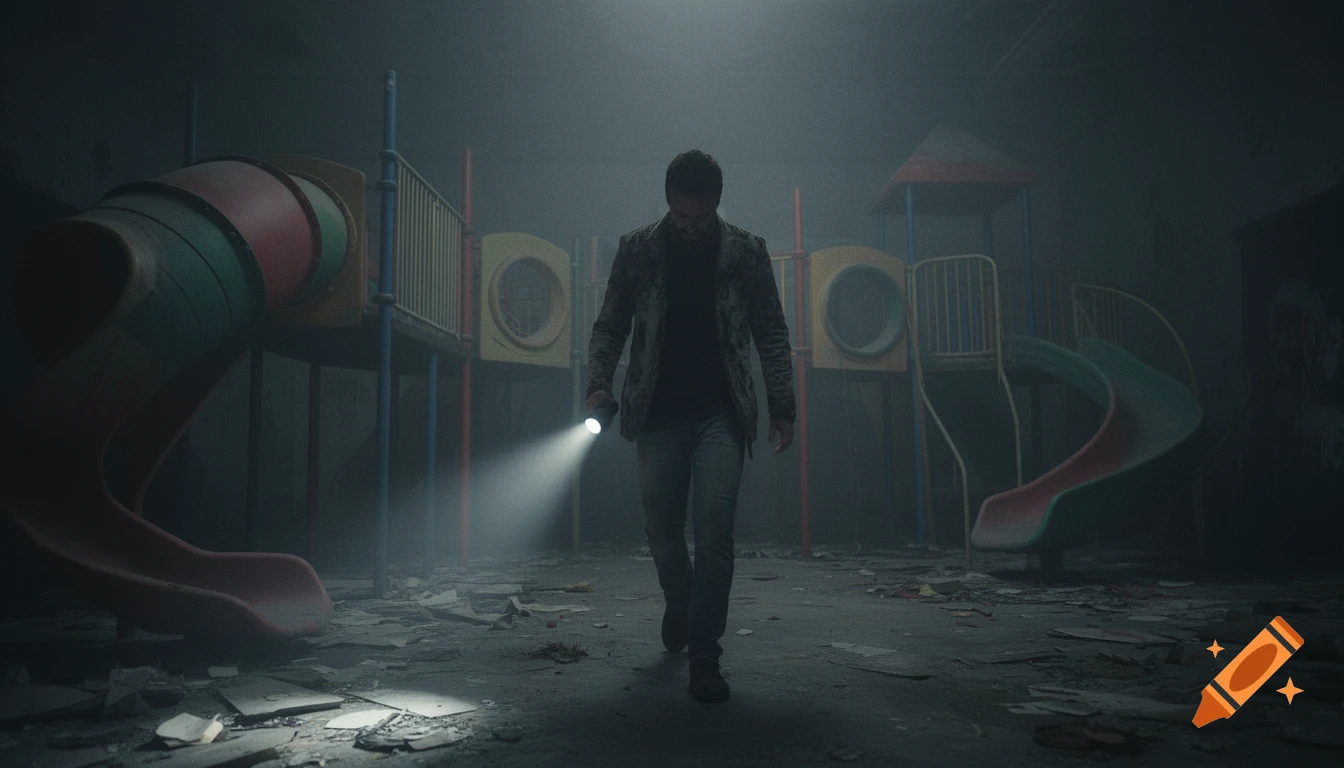 A man walks through a dark, foggy abandoned playground, shining a flashlight on the debris-strewn ground.
