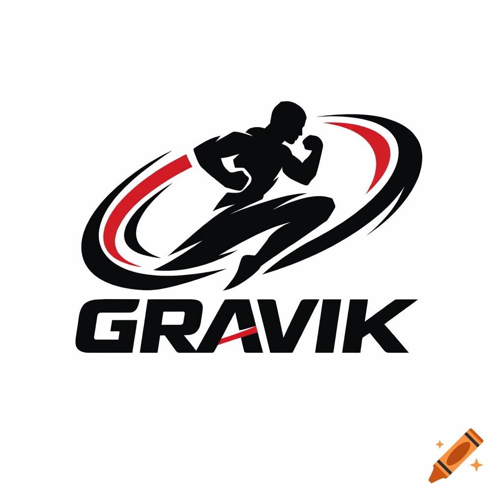 Minimalist black and red logo featuring a stylized running figure with dynamic swooshes and the word 'GRAVIK' below.