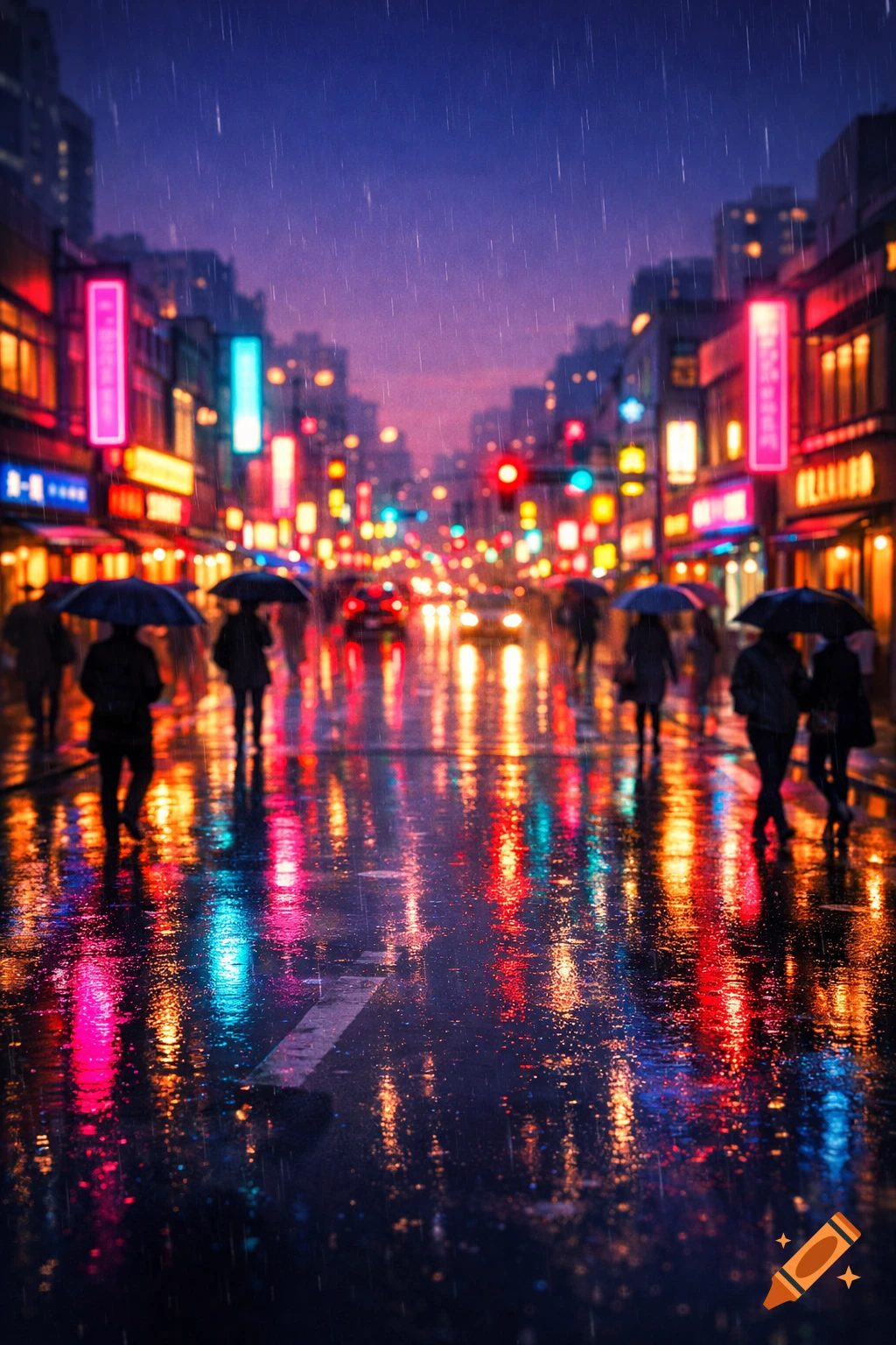 Rainy city street at night with neon signs, blurred reflections on wet pavement, and silhouetted people under umbrellas.