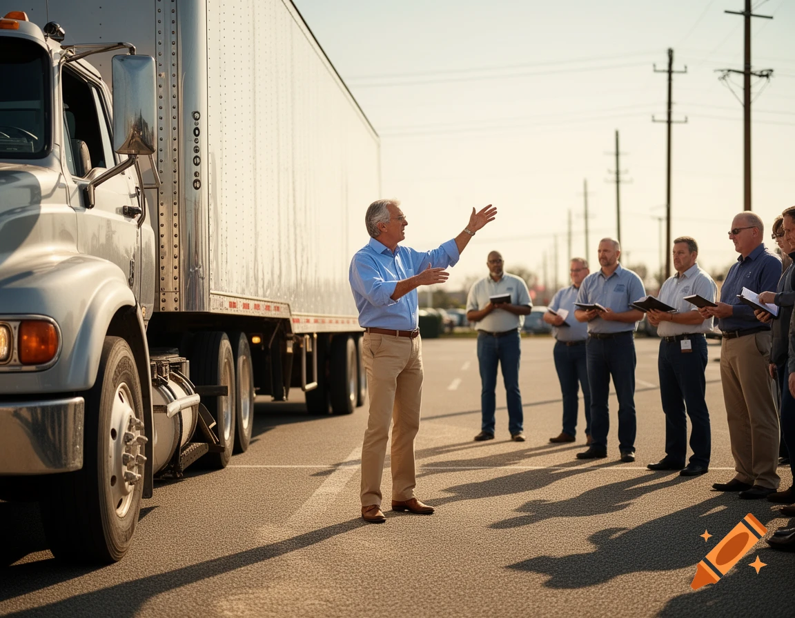 An older man, acting as an instructor, gestures while speaking to a group of men, possibly truck drivers, next to a large semi-truck in a sunny outdoor setting.