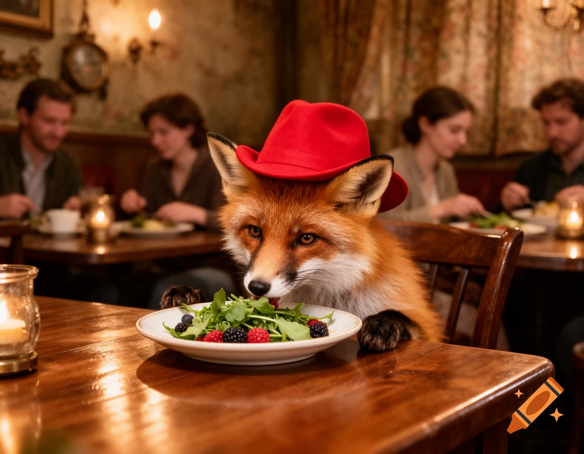 A photorealistic fox in a red hat eats a salad at a restaurant table, with blurred diners in the background.