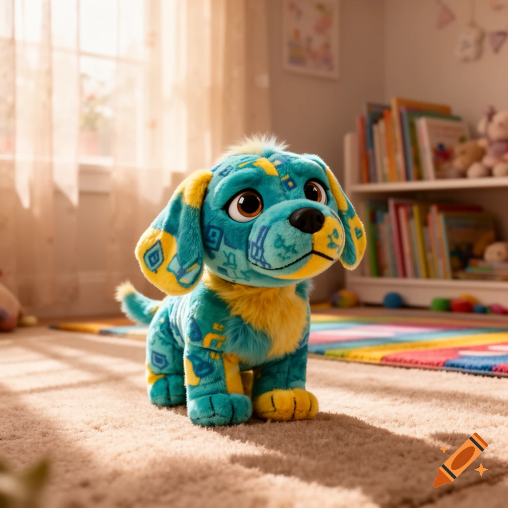 A teal and yellow patterned stuffed dog with big brown eyes sits on a carpet in a sunny child's room.