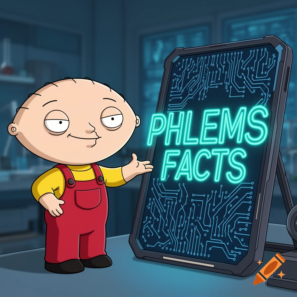 Stewie Griffin from Family Guy points to a glowing screen displaying 'PHLEMS FACTS' in a futuristic lab.