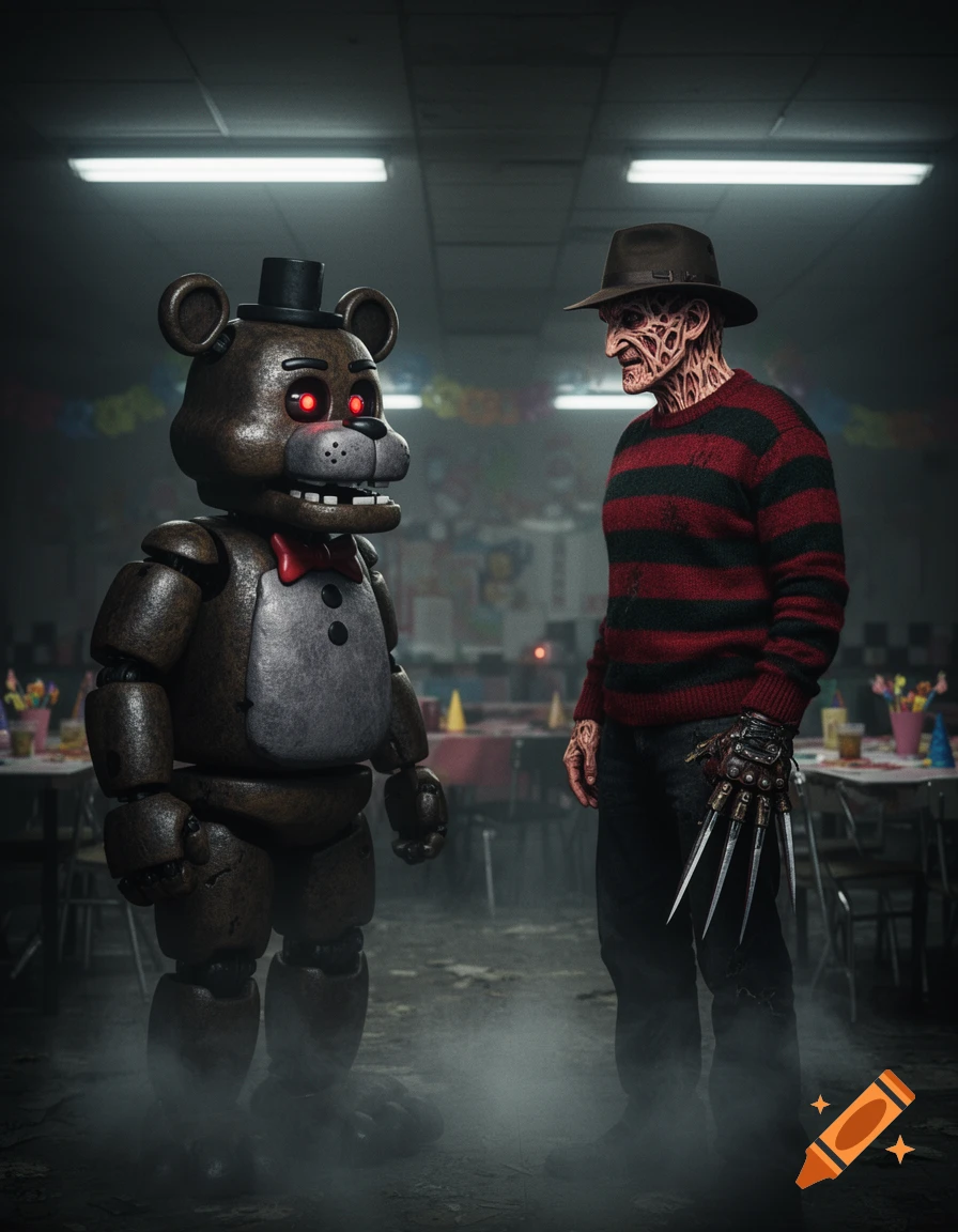 Freddy Fazbear and Freddy Krueger stand in a dimly lit, smoky, dilapidated party room.