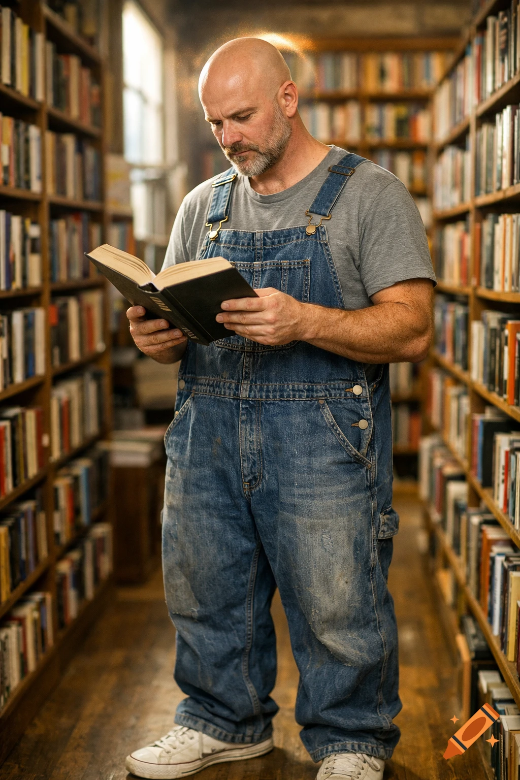 A bald man with a beard, wearing denim overalls and a grey t-shirt, stands reading a book in a warmly lit bookstore.