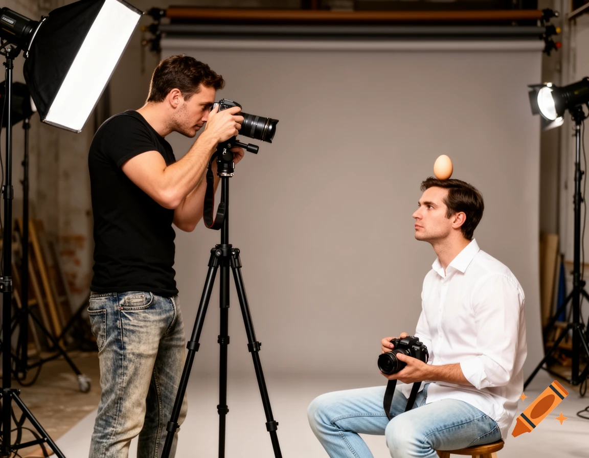 Photographer with a camera on a tripod aims at a seated man with an egg on his head, who also holds a camera, in a studio.