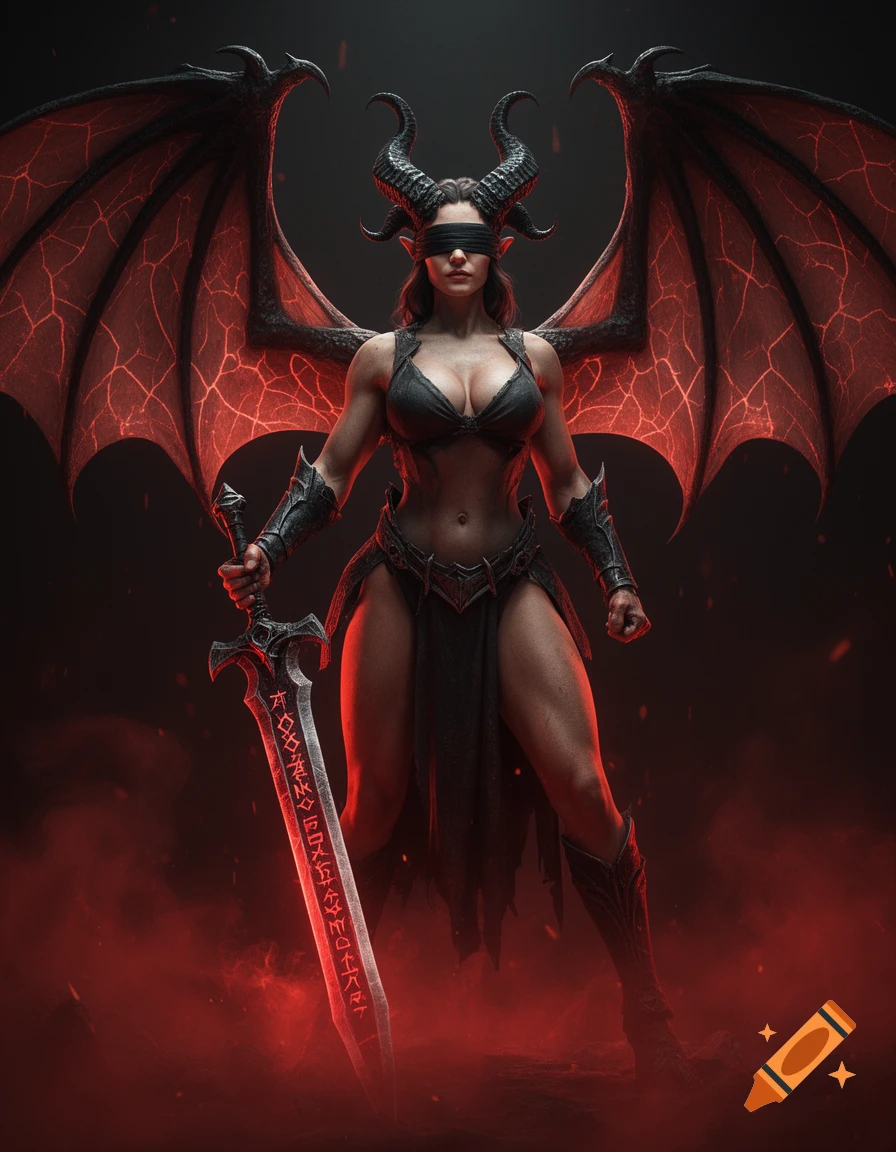 A photorealistic demon warrior woman with bat wings, horns, and a blindfold holds a large demonic sword with glowing runes, standing in red fog.