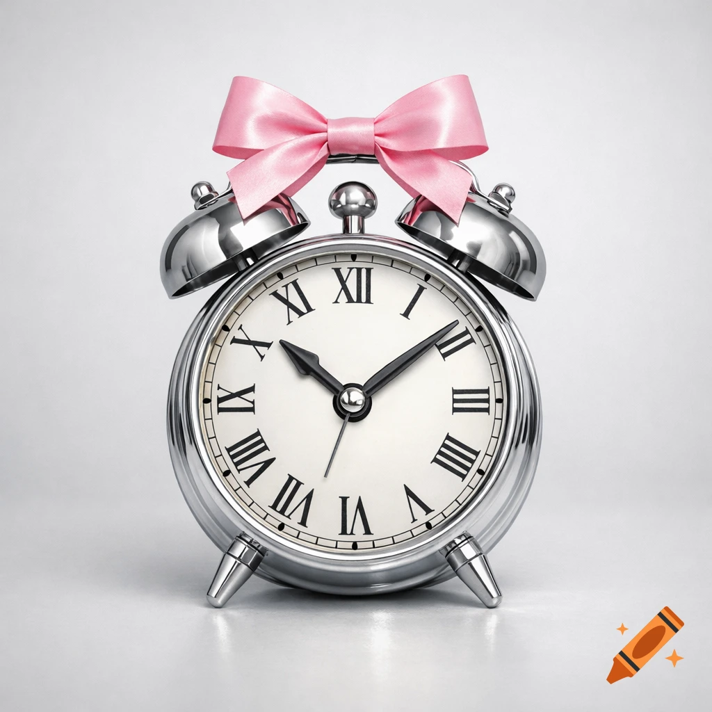 A photorealistic shiny silver analog alarm clock with black Roman numerals on a white face, adorned with a pink bow on top, against a soft gray background.