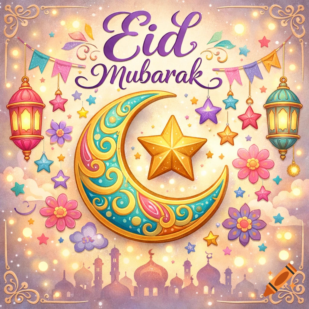 A vibrant Eid Mubarak greeting card with a gold crescent moon and star, ornate lanterns, and mosque silhouettes on a sparkling background.