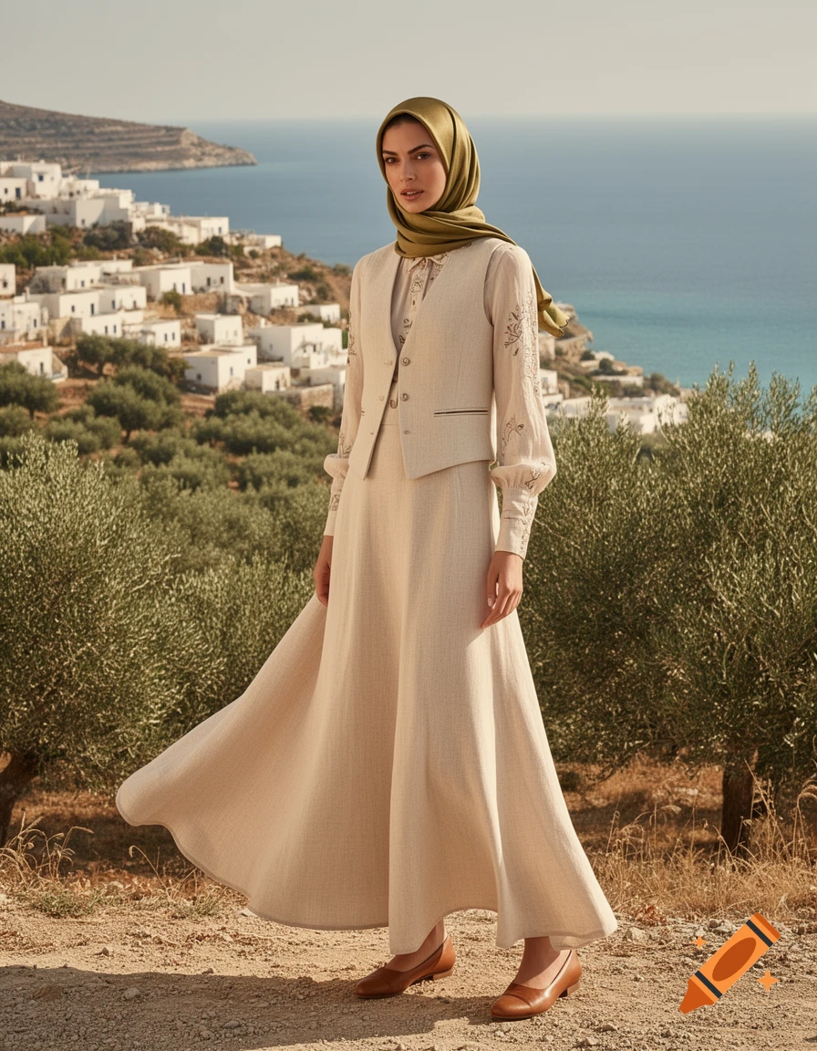 Woman in olive headscarf, sand beige linen skirt, and vest, standing among olive groves with a white village and blue sea in the background.