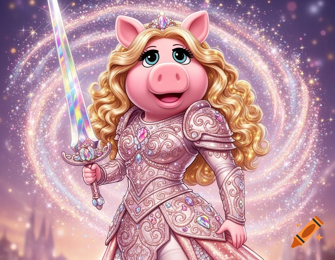 Miss Piggy as a Barbie warrior in ornate pink armor, holding a shimmering rainbow sword against a magical, sparkling purple background.