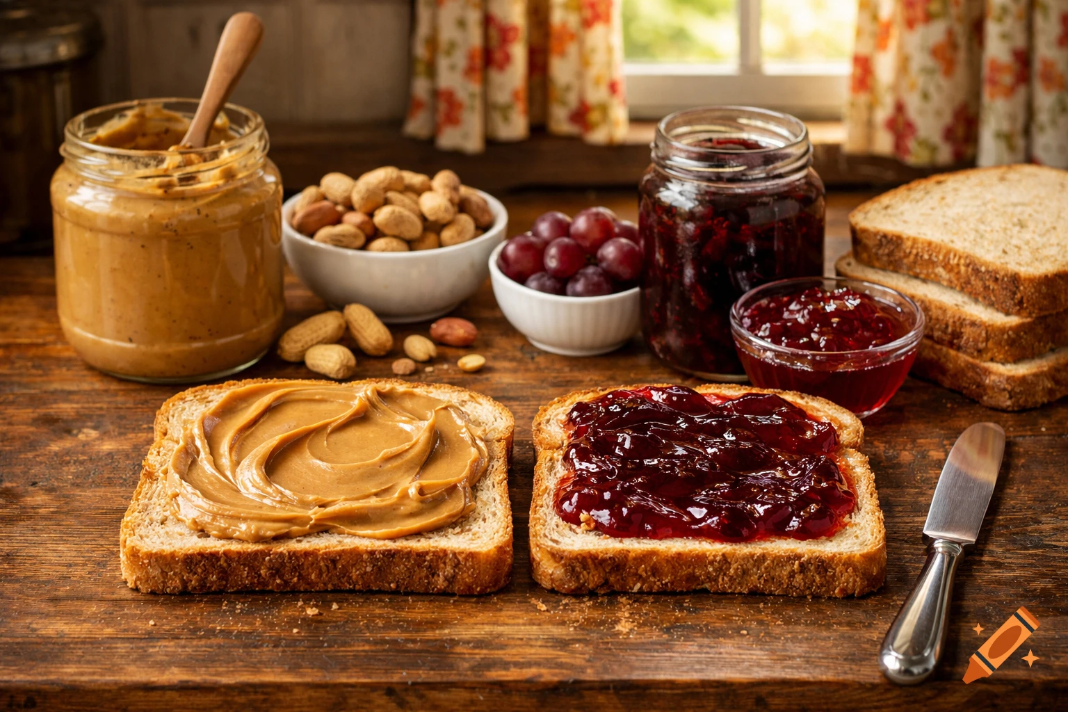 Two slices of bread, one with peanut butter and one with jelly, surrounded by ingredients on a rustic wooden table.