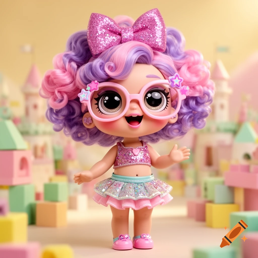 Cute doll with pink and purple curly hair, glittery pink bow, oversized glasses, and sparkly outfit, standing amidst colorful toy blocks.