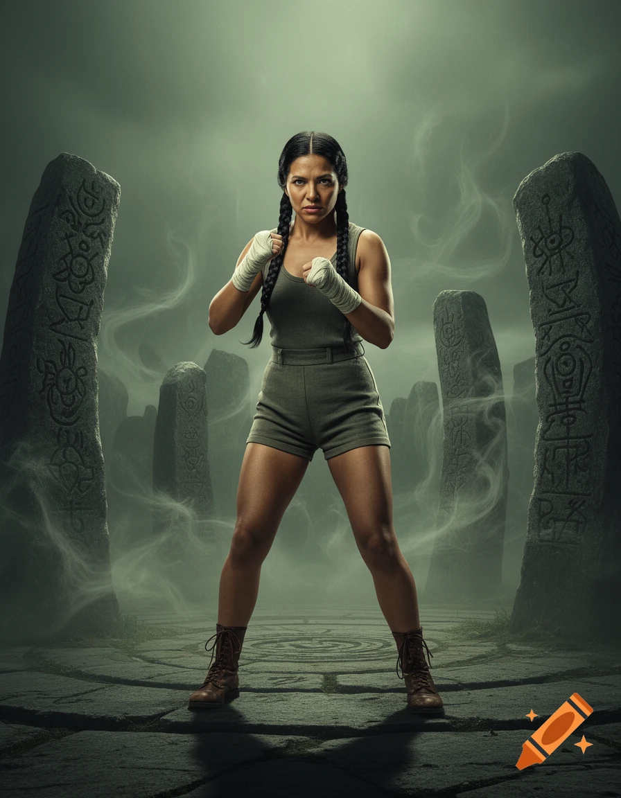 A female boxer with braided hair and hand wraps stands ready to fight in a mystical, foggy stone circle.
